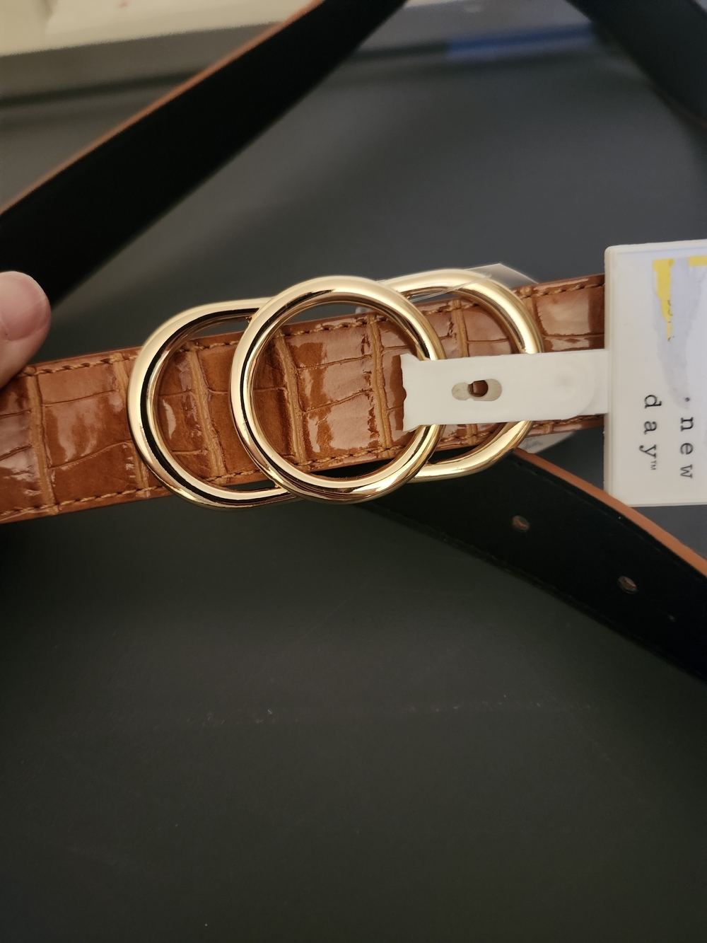 a new day Croc-Embossed Tan Belt with Triple Gold Rings
